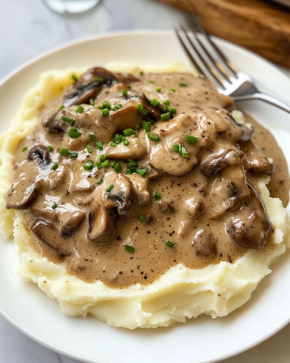 A white plate shows a two-layer dish, the bottom layer is a smooth, light cream-colored mashed potato base with soft peaks and ridges around the edges. The top layer is a rich beige gravy with visible black pepper specks, covered with brown mushroom slices and small pieces of browned meat. Green chopped chives are sprinkled on top, adding a fresh contrast. A metal spoon and fork rest partially on the plate, with the spoon under the fork, both touching the food. The surface beneath is a white marbled texture. Photo taken with an iphone --ar 4:5 --v 6.1