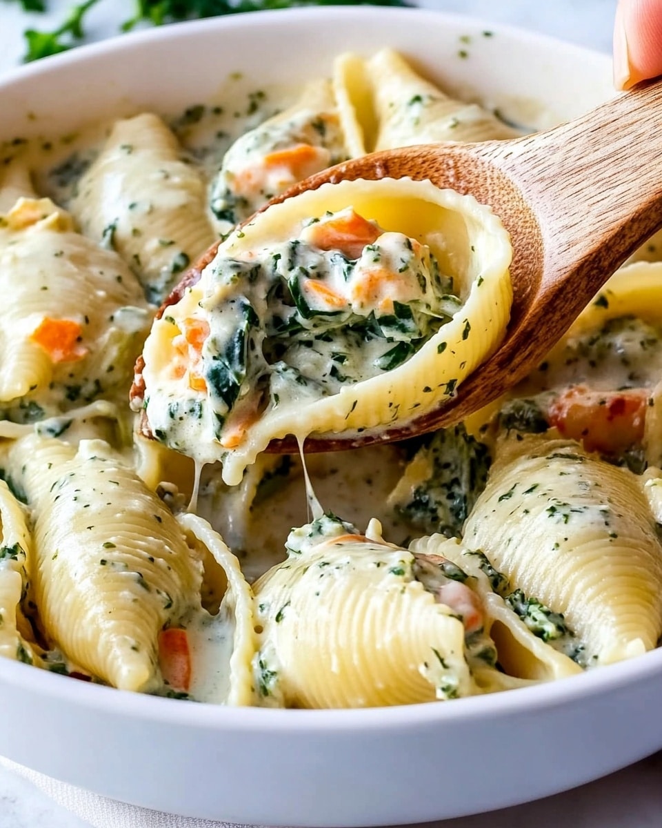 A white baking dish filled with large, open pasta shells that are stuffed with a creamy mix of chopped green spinach, white cheese, and pieces of orange shrimp. The shells are arranged close together, with melted white cheese spread over the top, creating a soft, bubbling texture. The pasta has a pale yellow color with ridges, and the creamy filling contrasts with the bright green spinach and bits of shrimp scattered inside. The dish sits on a white marbled surface, making the colors stand out. photo taken with an iphone --ar 4:5 --v 6.1