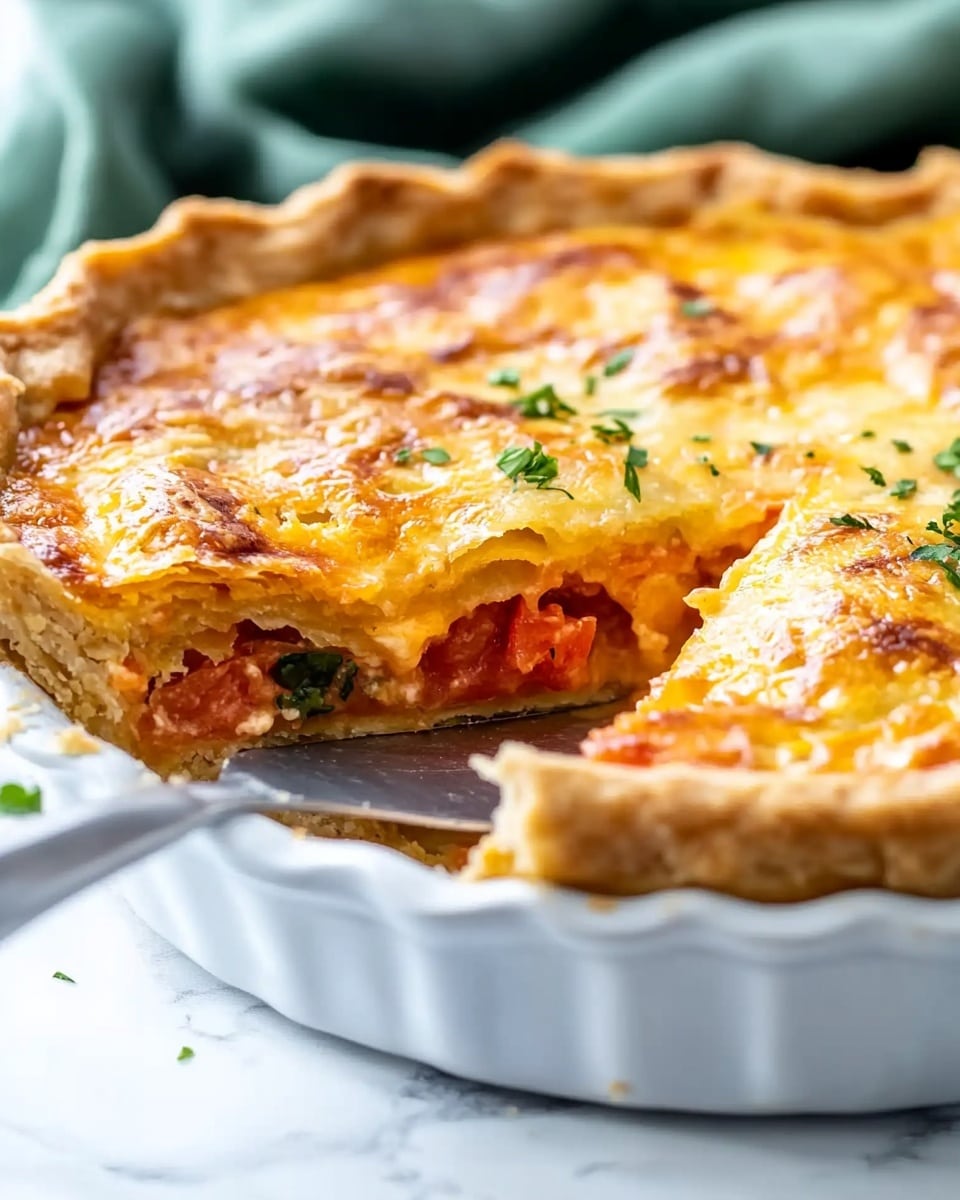 A round pie with a golden brown crust sits in a white dish with handles, showing a cut slice revealing layers inside: a bottom layer of light crust, a middle layer of red tomato and green herbs, and a top layer of melted, bubbly yellow cheese with a slightly crispy texture. Next to the pie are two silver forks and a green cloth napkin. In the background, there is a white marbled surface with a clear glass of ice water and lemon and a white plate holding a red tomato and fresh green basil leaves. Photo taken with an iphone --ar 4:5 --v 6.1