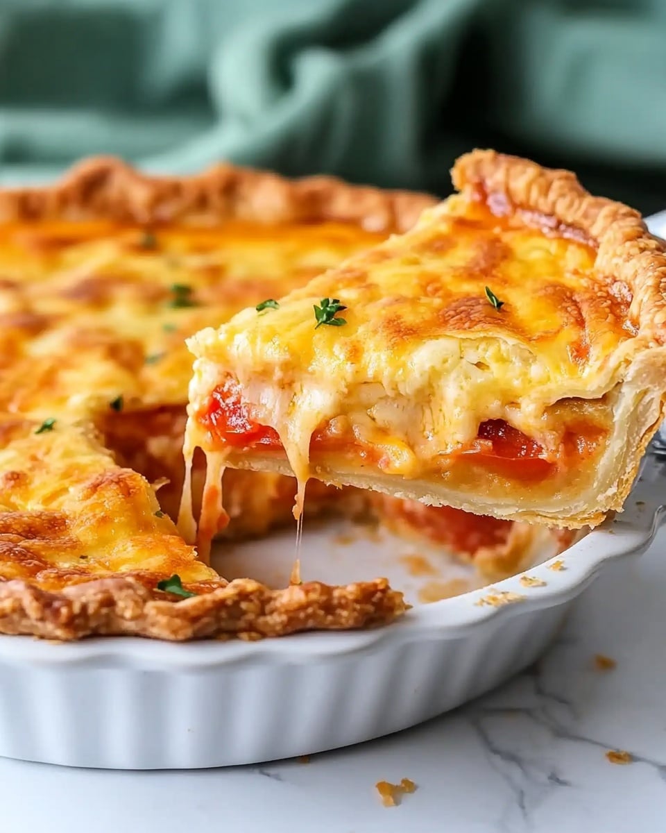 The image shows a close-up of a pie slice being lifted from a white pie dish on a white marbled surface. The pie has a golden, crispy crust with a thick layer of melted yellow cheese on top. Beneath the cheese, there is a layer of red tomato and some visible bits of white and orange melted cheese inside. The pie's edge is golden brown, slightly flaky, and the cheese on top looks bubbly and fresh. A green cloth is blurred in the background. Photo taken with an iphone --ar 4:5 --v 6.1