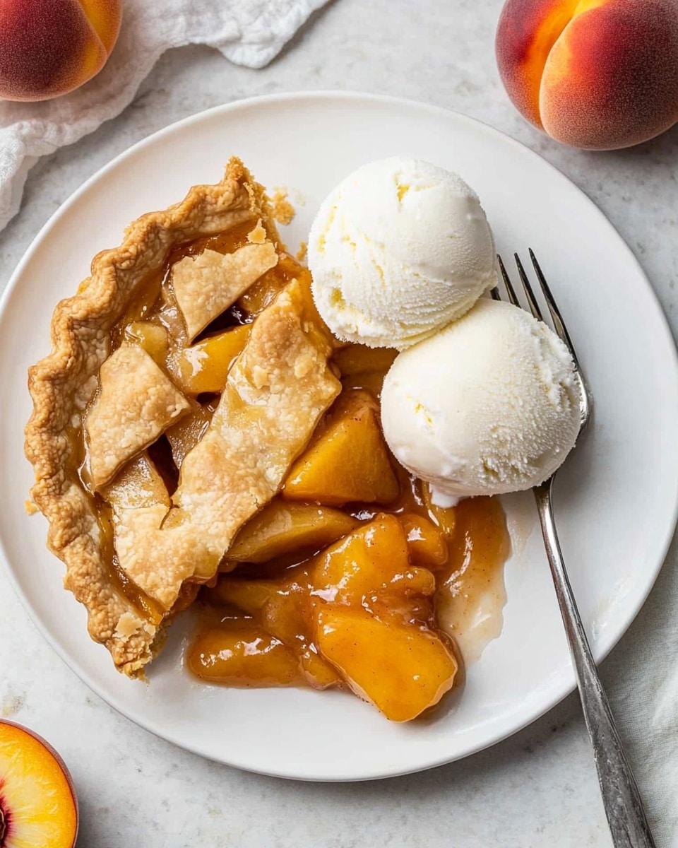 The image shows a white plate with a serving of peach pie that has two main layers: the bottom layer is golden baked peach pieces with a glossy, syrupy texture, and on top are broken strips of flaky, light golden crust. Next to the pie, there are two round scoops of smooth, white vanilla ice cream. A silver fork is placed on the right side of the plate, inserted into the pie. Around the plate on a white marbled surface, there is a peach cut in half showing its yellow flesh and brown seed. The setting has soft natural light and a casual feel. Photo taken with an iphone --ar 4:5 --v 6.1