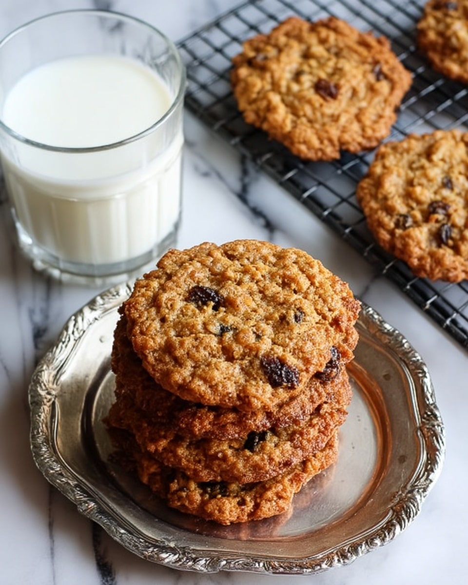 The image shows a stack of five golden-brown oatmeal raisin cookies with a slightly crispy texture and visible oats and raisins on a decorative silver tray. Next to the tray is a black wire cooling rack holding two more cookies, all on a white marbled surface. At the top right corner, there is a clear glass filled with milk. The cookies look warm and freshly baked with uneven edges and a mix of golden and darker brown colors. Photo taken with an iphone --ar 4:5 --v 7