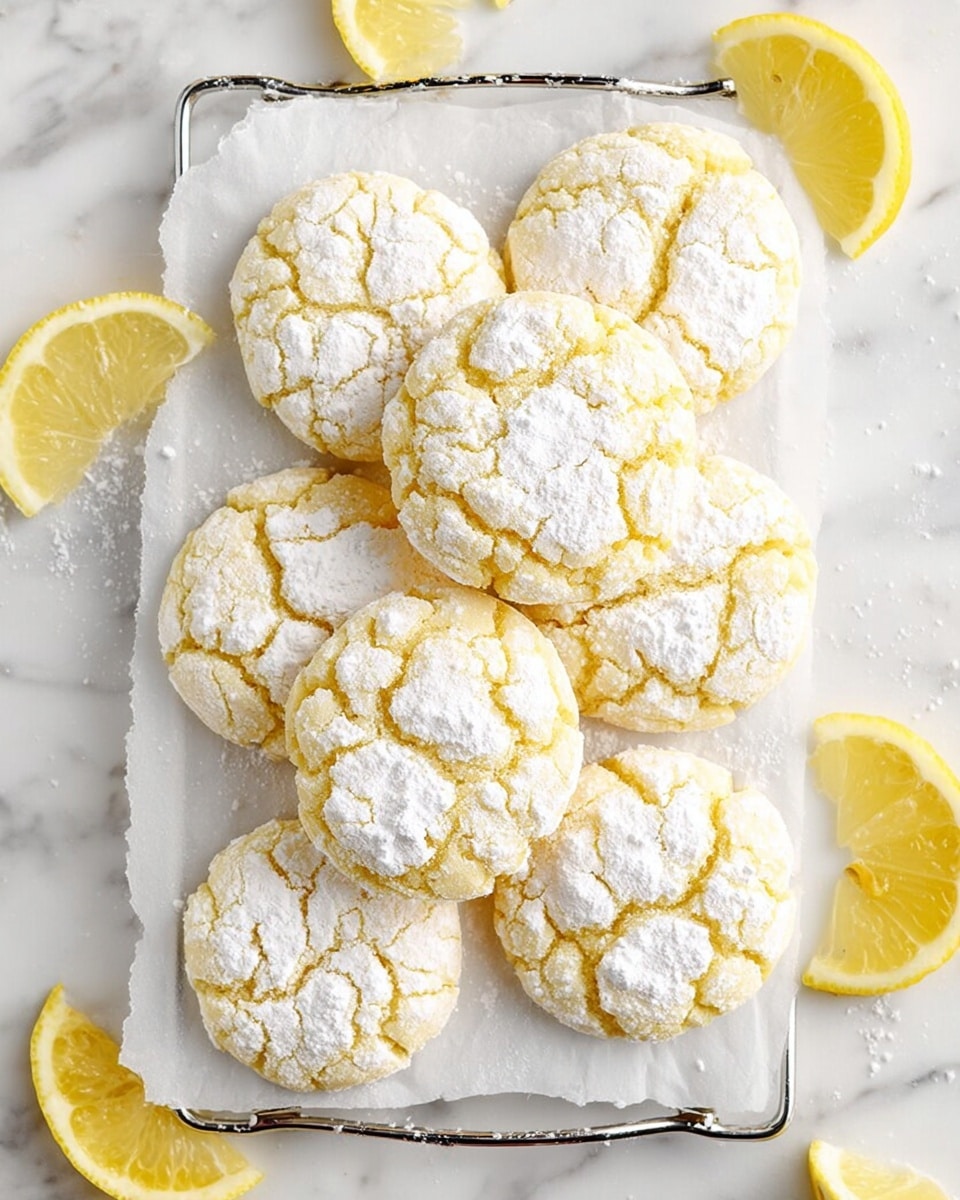 Seven round lemon cookies with a pale yellow color and a cracked surface covered in white powdered sugar are placed on a sheet of white paper over a silver cooling rack. The cookies are arranged closely together. Around the rack, there are several lemon wedges with a bright yellow color and a juicy texture, placed on a white marbled surface. The overall look is fresh and light. photo taken with an iphone --ar 4:5 --v 7