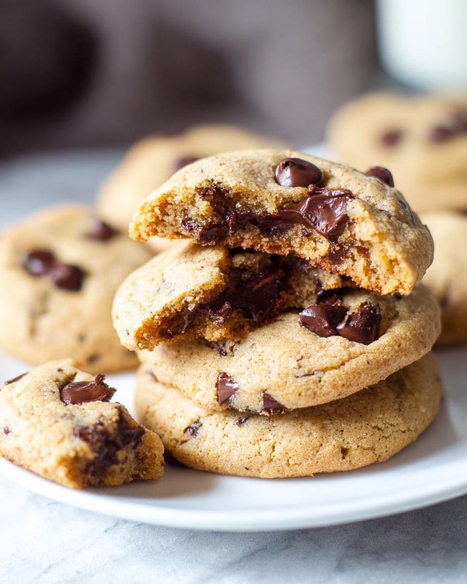 A close-up view of a small stack of chocolate chip cookies on a white plate, with one cookie broken in half on top showing its soft, slightly crumbly light brown inside filled with melted dark brown chocolate chips. The cookies have a slightly rough and textured surface and look soft and thick. In front of the stack is a small broken piece of cookie. The background is blurred and the plate sits on a white marbled texture photo taken with an iphone --ar 4:5 --v 7