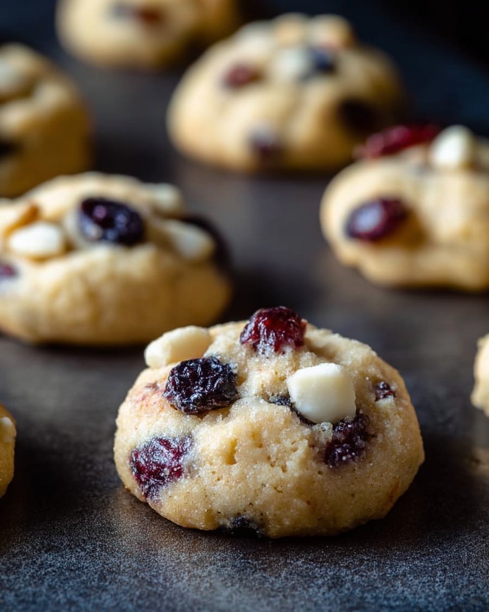 This image shows several small, round cookies with a soft, slightly bumpy texture. Each cookie has a pale golden-brown color with visible pieces of white nuts and dark red or black dried fruits embedded in the surface. The cookies are arranged on a flat, dark surface, with the focus on one cookie in the front center, making it look plump and moist with a few berries clearly popping out. The background is softly blurred with more of the same cookies scattered around. The lighting highlights the soft texture and color contrasts of the cookies. Photo taken with an iphone --ar 4:5 --v 7