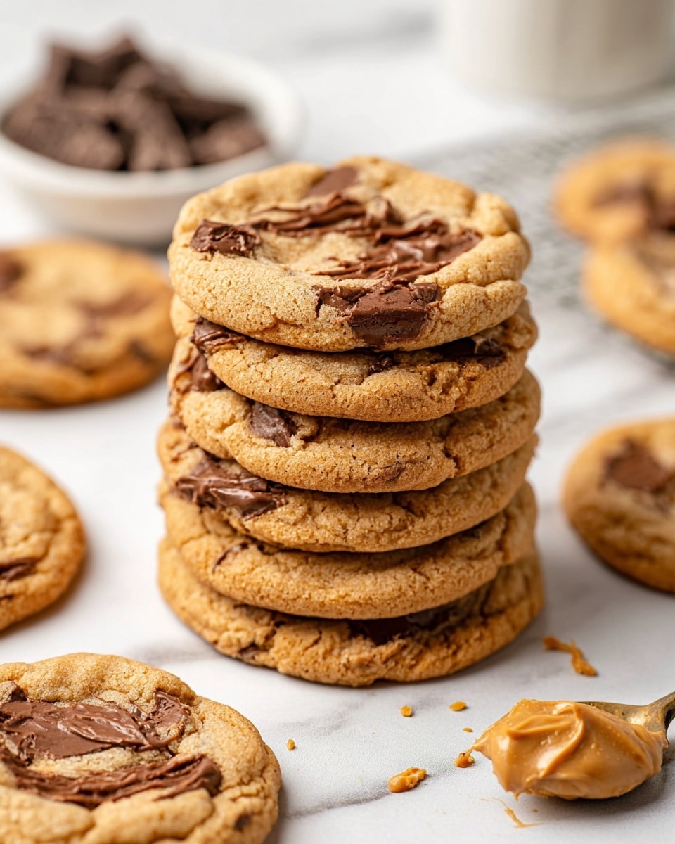 A stack of six round peanut butter chocolate chip cookies is shown in the center on a white marbled surface. The cookies are golden brown with textured edges and soft centers, featuring visible large chunks of rich, dark chocolate and swirls of smooth peanut butter. Around the stack, several cookies lay flat, also showing the same pattern of chocolate chunks and peanut butter swirls. In the background, there is a white bowl with dark chocolate pieces slightly blurred. Near the bottom right, a spoon holds a dollop of creamy peanut butter, with some small peanut butter smudges scattered nearby. photo taken with an iphone --ar 4:5 --v 7