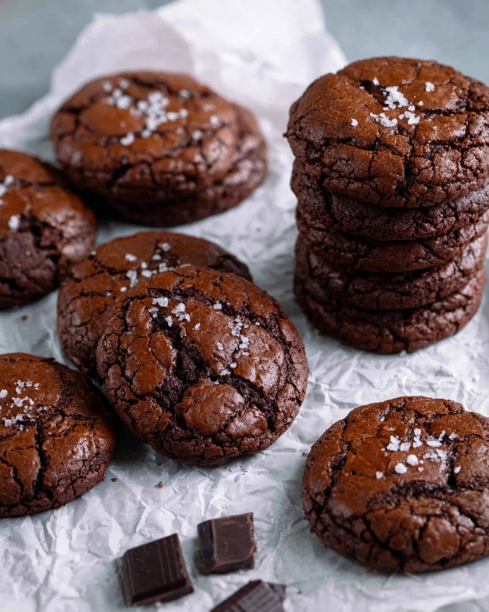 The image shows a group of dark brown chocolate cookies with a cracked surface texture and small grains of white salt sprinkled on top. There is a stack of five cookies on the right side and five more cookies spread around on a crumpled white paper on a white marbled surface. Small chunks of dark chocolate are scattered near the cookies. The overall look is rich and slightly rough with an inviting homemade feel. Photo taken with an iphone --ar 4:5 --v 7