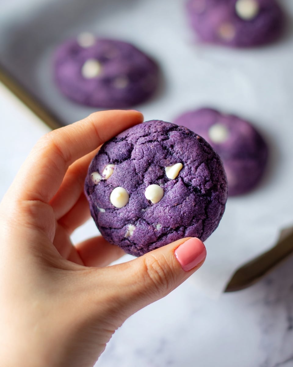 A close-up image shows a small, round purple cookie held gently between the thumb and forefinger of a woman's hand. The cookie's surface is slightly cracked and textured, with scattered white chocolate chips embedded throughout. In the blurred background, three similar purple cookies rest on white parchment paper on a baking tray. The scene is set on a white marbled surface. photo taken with an iphone --ar 4:5 --v 7