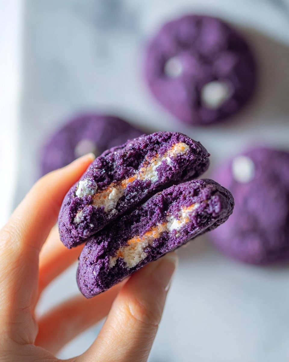 A close-up shows a woman's hand holding a broken purple cookie with two visible layers; the cookie is dense and crumbly with white spots mixed inside, while the center seam is slightly golden brown, indicating it was baked. In the blurred background, there are three whole purple cookies placed on a white marbled surface, all round and evenly shaped. The lighting is natural and bright, highlighting the rich purple color and texture of the cookie photo taken with an iphone --ar 4:5 --v 7