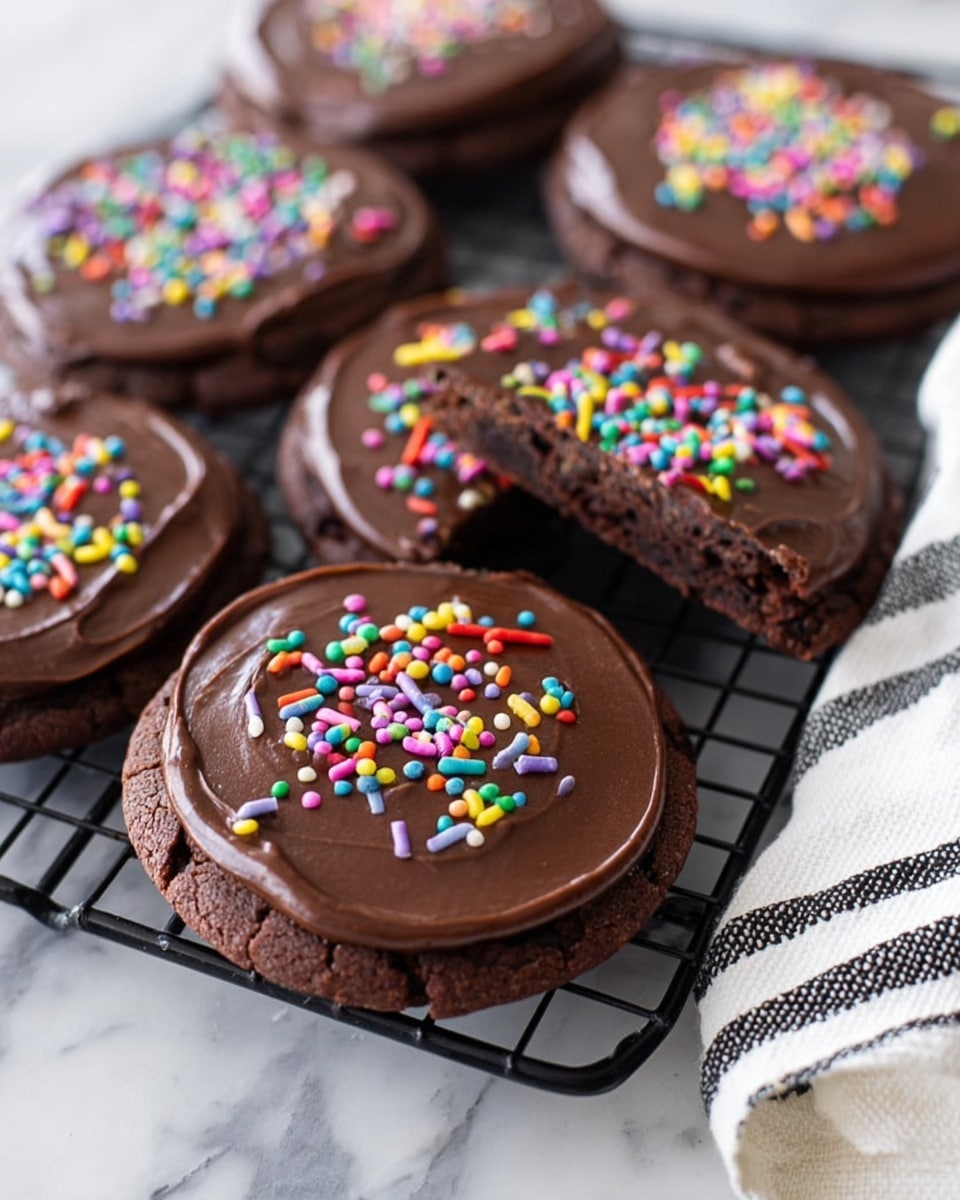 Several large, round chocolate cookies are shown on a black wire cooling rack placed on a white marbled surface. Each cookie has a thick, smooth layer of dark chocolate frosting on top, decorated with small, round, colorful sprinkles in bright colors like yellow, pink, blue, purple, and green. One cookie is partly stacked, showing its raised, cracked edges and dense texture. Next to the rack, there is a clear glass filled with white milk. The image is bright and sharp, showing the different textures clearly. photo taken with an iphone --ar 4:5 --v 7