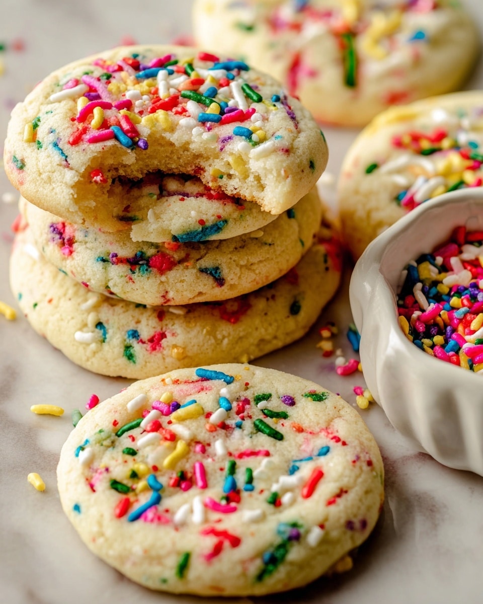 A close-up of a stack of soft, round cookies with light cream color and colorful sprinkles in red, blue, green, yellow, white, and pink scattered on top of each cookie. One cookie on top has a bite taken out of it, showing a soft inside. To the right side of the stack, there is a white bowl filled with more colorful sprinkles. The cookies and bowl sit on a white marbled surface. The image is bright and clear, showing texture in the cookies and sprinkles. photo taken with an iphone --ar 4:5 --v 7