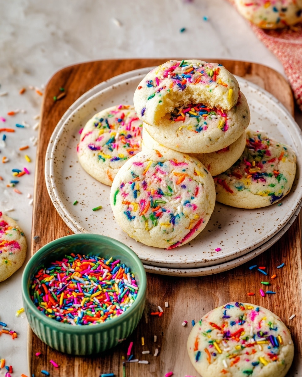 A white speckled plate holds a stack of six soft round cookies with multicolored sprinkles scattered on top and mixed inside. One cookie on top has a bite missing, showing a soft, light interior with sprinkles. Next to the cookies on the plate is a small green bowl filled with the same type of colorful sprinkles. The plate is set on a wooden board with more sprinkles and additional cookies partly visible around the edges. The whole scene is set against a white marbled textured surface. photo taken with an iphone --ar 4:5 --v 7