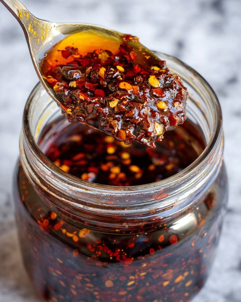 A close-up image of a glass jar filled with dark red chili oil containing visible chili flakes and seeds suspended in the oil. A metal spoon is lifted out of the jar, holding a glossy, thick layer of chili oil and dense chili flakes with a mix of deep red, amber, and orange colors. The background features a white marbled texture. photo taken with an iphone --ar 4:5 --v 7