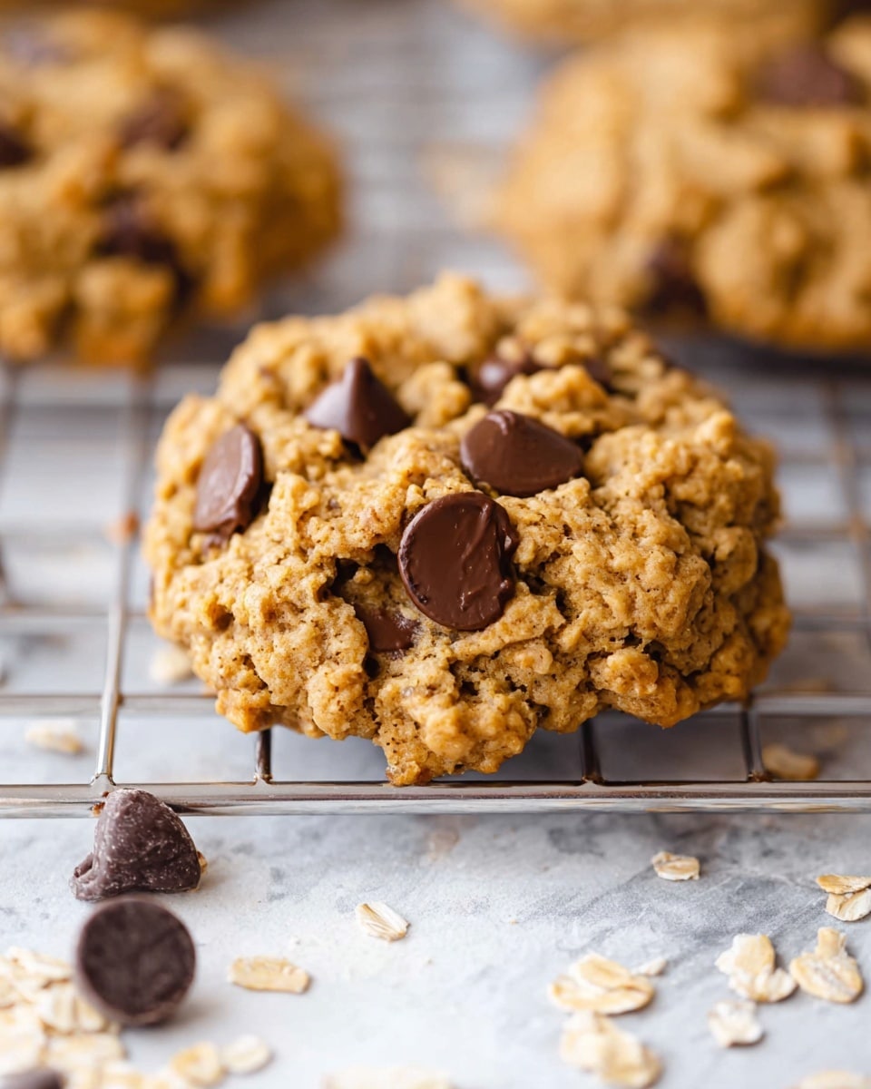 Six oatmeal chocolate chip cookies are placed on a silver wire cooling rack. Each cookie is thick and round with a rough, crumbly texture showing lumps of oats and scattered dark brown chocolate chips on top. The cookies are an even golden brown color, indicating they are baked well. The rack rests on a white marbled surface, with a few extra chocolate chips scattered near the bottom left corner. At the bottom right, part of a white cloth is visible. The photo taken with an iphone --ar 4:5 --v 7