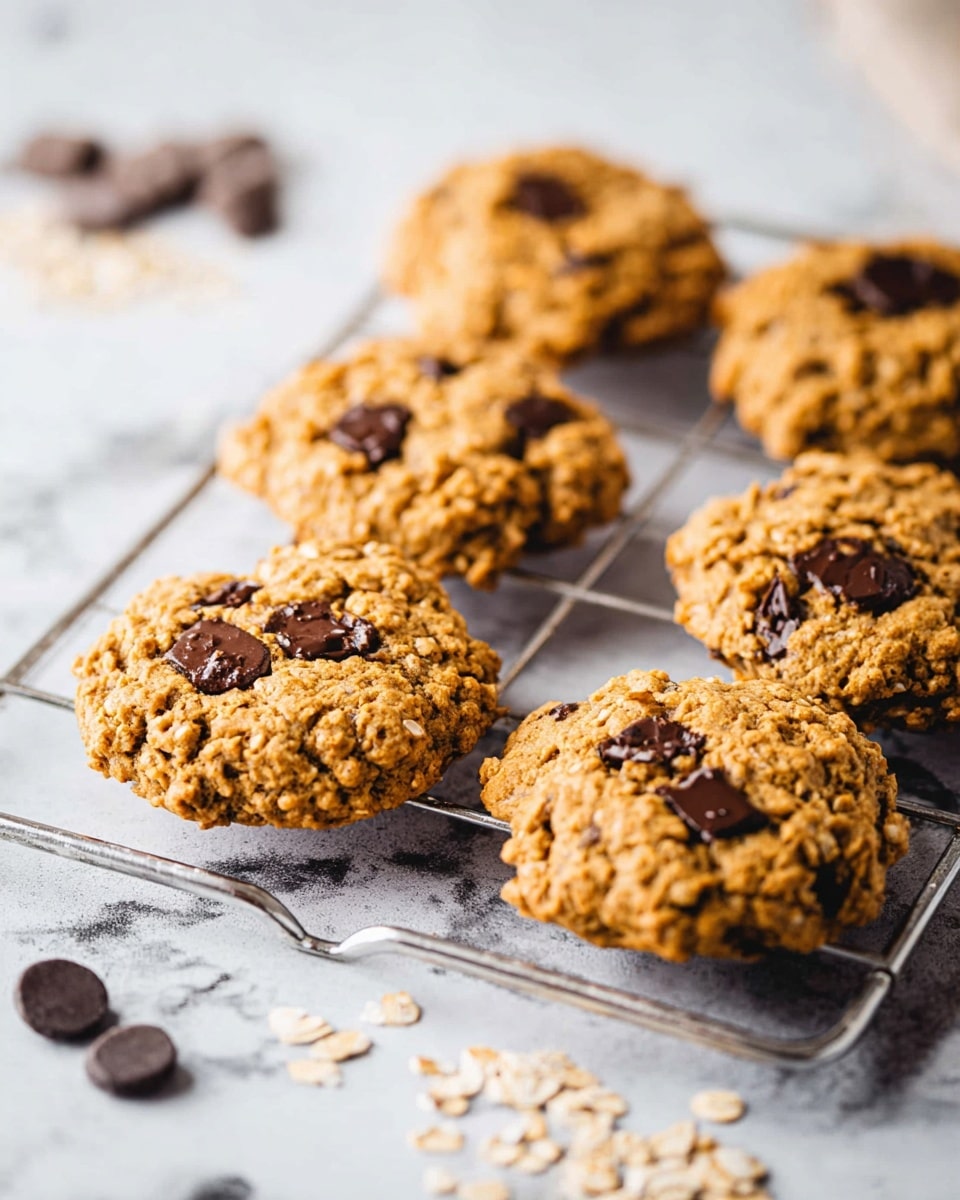 The image shows a close-up of a single thick oatmeal chocolate chip cookie resting on a silver cooling rack. The cookie has a rough, crumbly texture with visible oats and several large, dark chocolate chips embedded in its golden-brown surface. Around the cookie, a few chocolate chips and scattered oats lie on a white marbled surface. The background is softly blurred, focusing attention on the cookie's detailed texture and chocolate chips. photo taken with an iphone --ar 4:5 --v 7