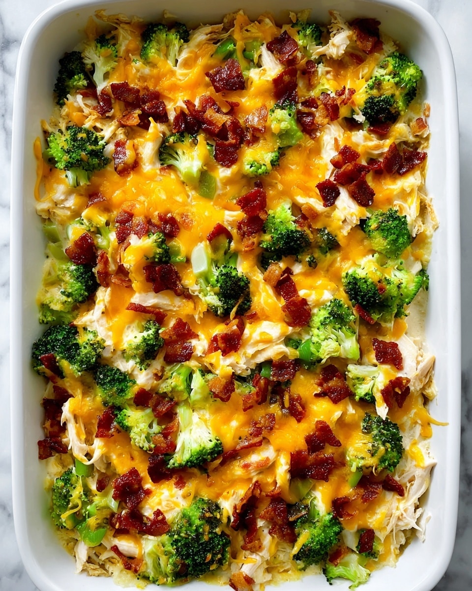 A white rectangular baking dish filled with a layered casserole; the bottom layer appears creamy and light yellow, covered with bright green broccoli florets scattered evenly. Shredded light-colored chicken pieces are spread throughout, mixed with small crispy dark brown bacon bits. The top layer is melted yellow cheddar cheese, slightly browned around the edges, giving it a rich and warm look. The dish is placed against a white marbled surface. photo taken with an iphone --ar 4:5 --v 7
