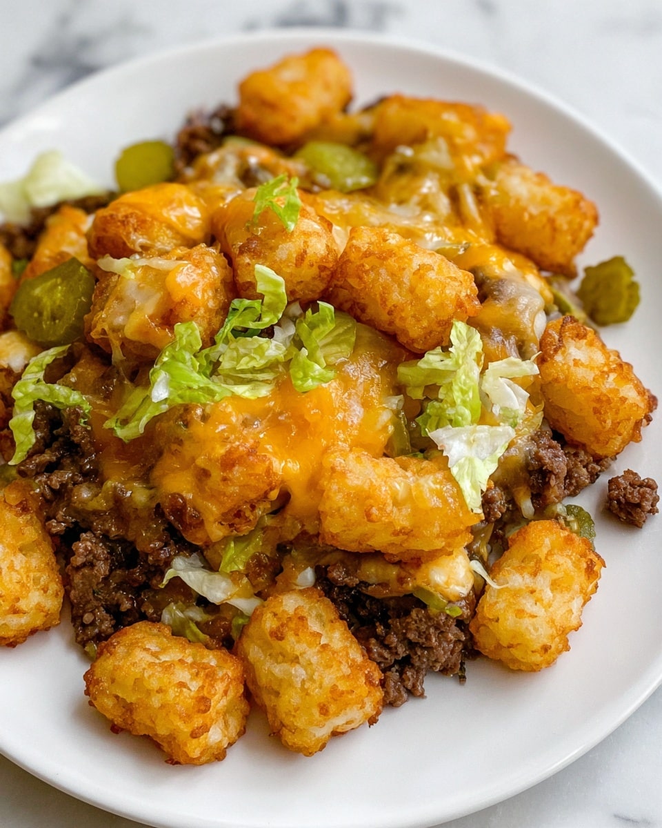The image shows a white rectangular dish filled with small, golden-brown tater tots layered as the bottom layer. On top of this is a layer of shredded light green cabbage and lettuce scattered evenly. Bright green pickled peppers are spread across the top, along with a zigzag drizzle of creamy, light orange sauce covering the entire dish. The dish sits on a white marbled surface. photo taken with an iphone --ar 4:5 --v 7