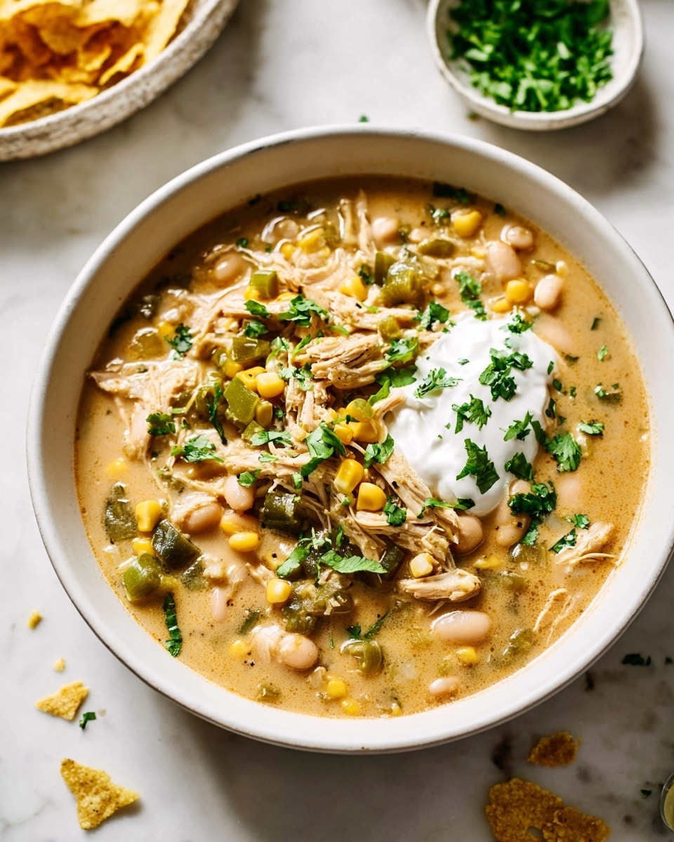 A white bowl filled with creamy chicken soup that has visible pieces of shredded chicken, green peppers, corn, and white beans. The soup is topped with fresh chopped green herbs, a dollop of white sour cream, and three yellow tortilla chips placed upright in the center. Around the bowl, there are scattered broken tortilla chip pieces on a white marbled surface, with a white bowl of more green herbs and a small white plate holding a lime wedge partially visible nearby. The overall look is warm, hearty, and fresh. photo taken with an iphone --ar 4:5 --v 7