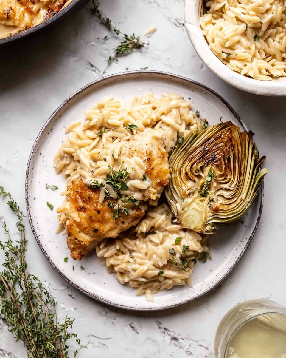 A white round plate holds three main components arranged side by side: a piece of golden brown cooked chicken with a slightly crispy surface on the left, a creamy beige orzo pasta in the center with a soft, smooth texture, and a grilled artichoke half with char marks and green herbs on top on the right. A small sprig of fresh thyme rests on the chicken. The plate is set on a white marbled surface with some sprigs of thyme scattered nearby. Part of a white bowl filled with more orzo is visible at the top right, along with a clear glass of light-colored drink at the bottom right. Photo taken with an iphone --ar 4:5 --v 7