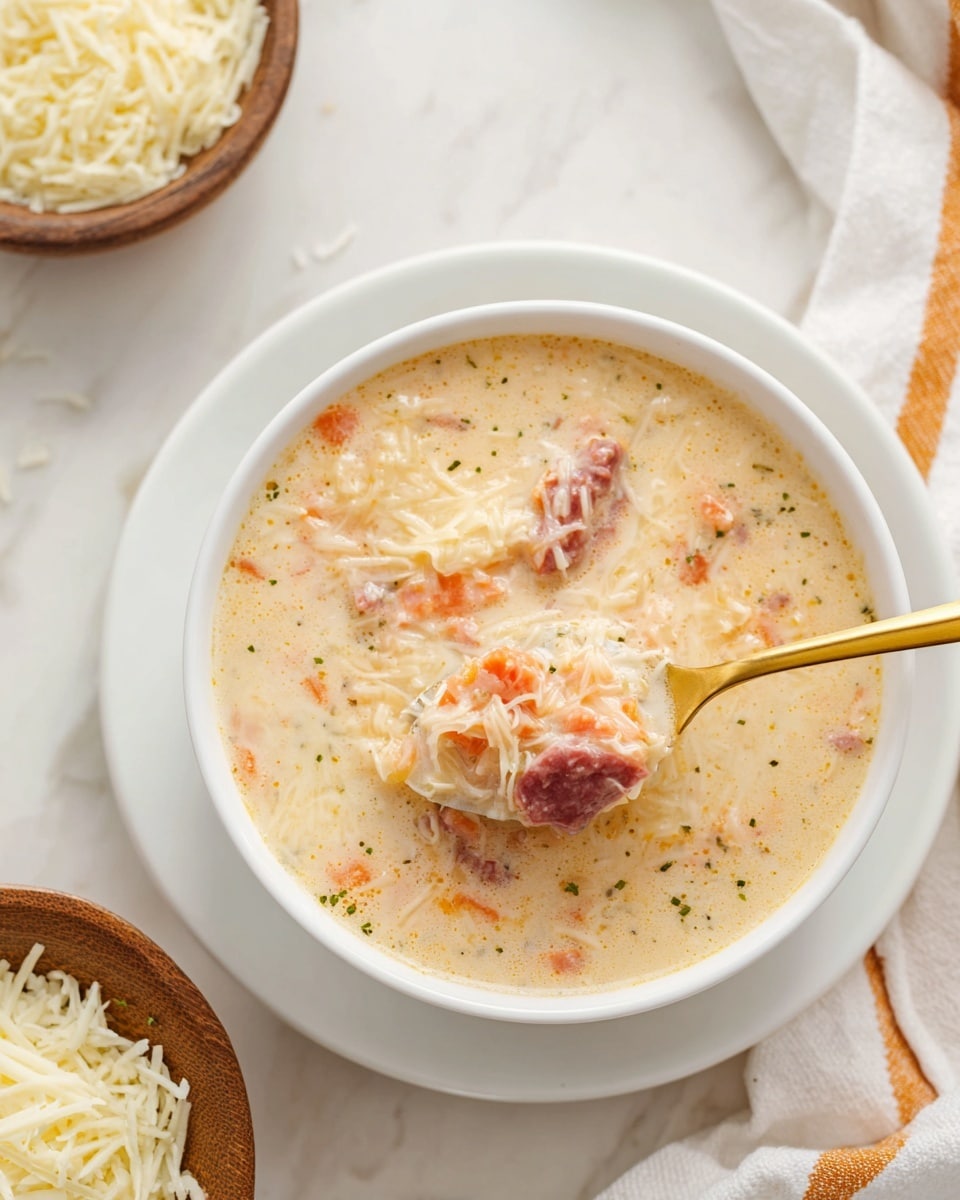 A white bowl filled with creamy soup rests on a white plate, set on a white marbled surface. The soup is light beige with visible pieces of orange carrots, shredded white cheese, and chunks of reddish meat scattered evenly through the thick broth. A golden spoon lifts a portion of soup, showing the melted cheese and meat mixed together. To the side, a wooden bowl contains thin white noodles. A white cloth with light orange stripes is partially seen near the top right corner. Photo taken with an iphone --ar 4:5 --v 7