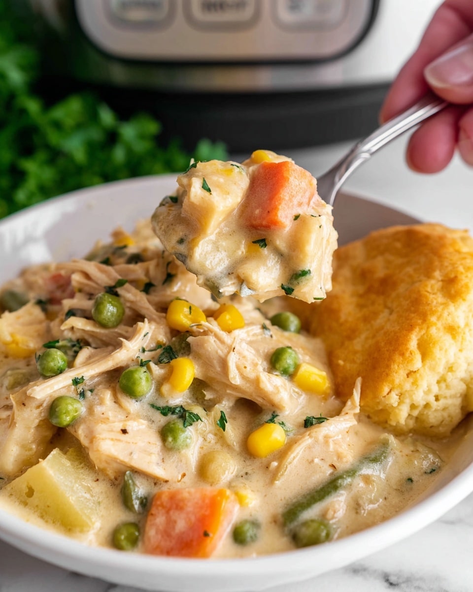 A close-up of a white bowl filled with creamy chicken and vegetable stew, showing distinct layers of shredded chicken in thick pale cream sauce, bright orange carrot cubes, yellow corn kernels, green peas, and green beans mixed evenly throughout. A piece of golden-brown biscuit sits on the right side inside the bowl. A woman's hand holds a shiny silver fork full of the stew, lifting pieces of chicken, carrot, potato, and peas above the bowl. The background has blurred green leaves and kitchen appliance buttons with a white marbled surface underneath. photo taken with an iphone --ar 4:5 --v 7
