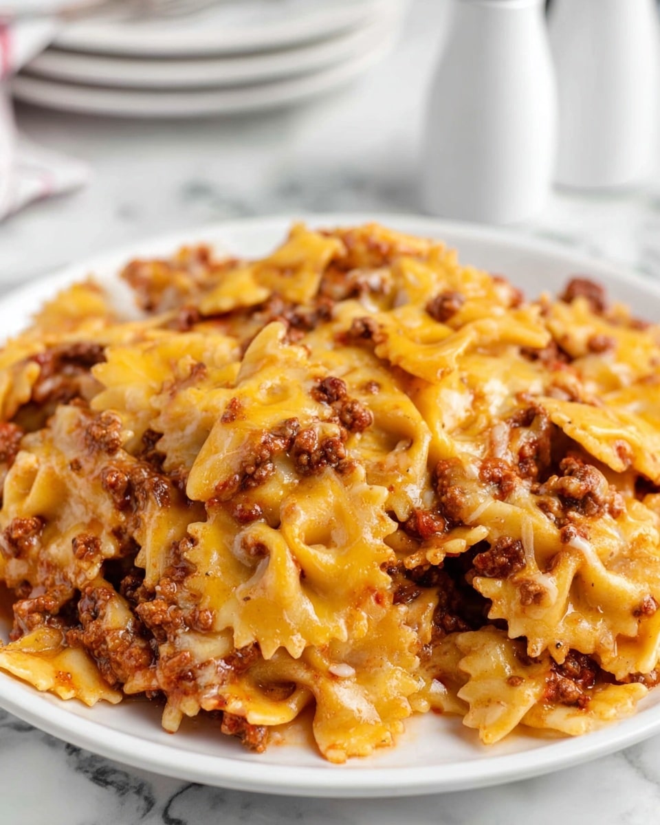 The image shows a close-up of a pile of cooked farfalle pasta mixed with a thick meat sauce and melted yellow cheese. The pasta is light yellow with a slightly glossy texture, while the meat sauce is reddish-brown with small chunks of meat spread throughout. The melted cheese is golden and covers many parts of the pasta, blending smoothly with the sauce. The layers are all mixed together on a white plate, which sits on a white marbled surface. In the blurred background, there are white salt and pepper shakers. photo taken with an iphone --ar 4:5 --v 7