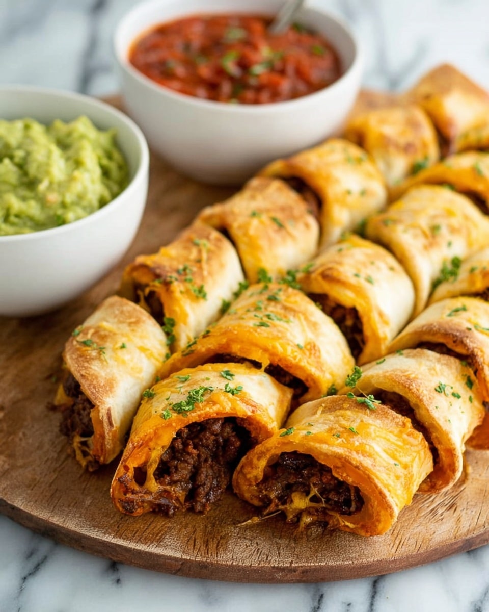 A round wooden board holds a ring of crescent rolls, each filled with a dark brown meat mix and topped with small green herb bits, arranged evenly around a white bowl in the center. The bowl contains two layers of dip: the front half is light green guacamole with chunky texture, and the back half is a red tomato salsa with visible small diced pieces and herbs. The wooden board sits on a white marbled surface, with a blurred orange cloth, a bottle, and a lemon wedge in the background. photo taken with an iphone --ar 4:5 --v 7