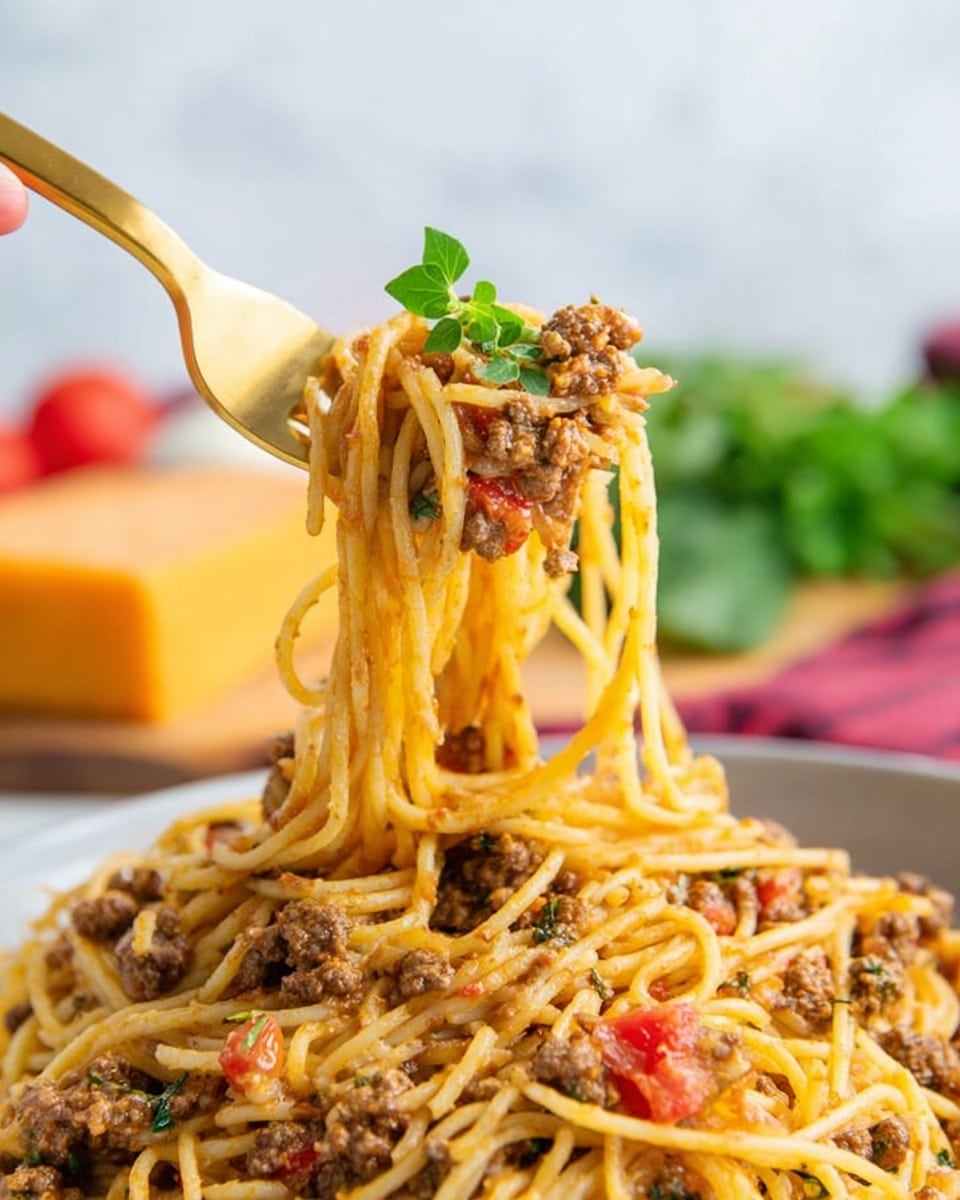 A close-up view of a large serving of spaghetti mixed with cooked ground meat and small pieces of red tomato, lifted by a golden fork held by a woman's hand above a white marbled surface. The spaghetti looks soft with a mix of yellow pasta strands and brown cooked meat, topped with a small green herb leaf on the fork. In the background, there is a blurred block of orange cheese and some greens, creating a warm and appetizing scene. photo taken with an iphone --ar 4:5 --v 7