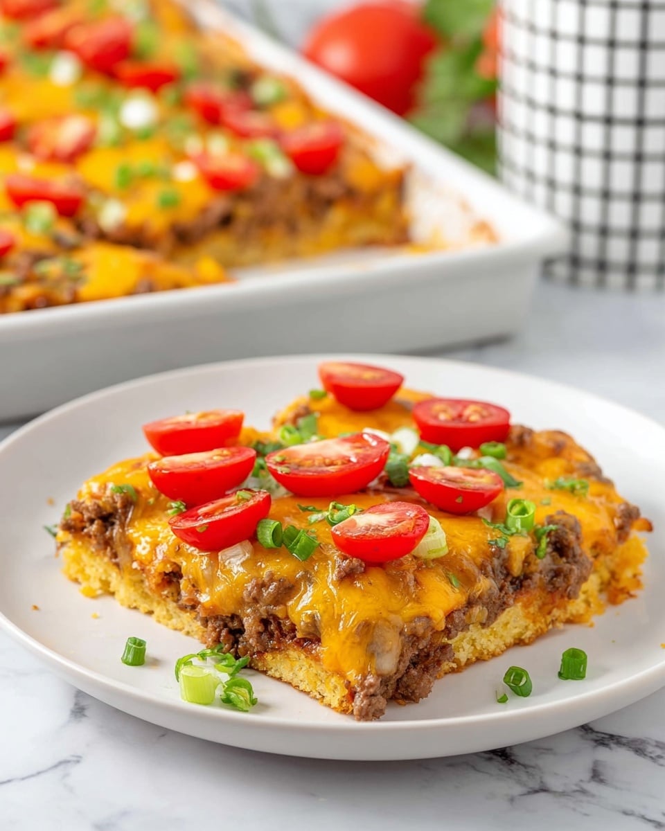 The image shows a rectangular white pan filled with a taco pizza cut into square pieces. The bottom layer is a thick golden crust, topped with a layer of cooked ground beef that looks brown and crumbly. Above the beef is a melted layer of yellow-orange cheddar cheese that covers the pizza evenly. On top, there are halves of bright red cherry tomatoes scattered all over, along with small green pieces of chopped green onion and cilantro leaves. In the background, there is a bunch of fresh cilantro, and in front, a wooden bowl filled with chopped cilantro is visible. A woman's hand is holding a wooden pizza spatula lifting one slice from the pan. The whole scene is on a white marbled surface. photo taken with an iphone --ar 4:5 --v 7
