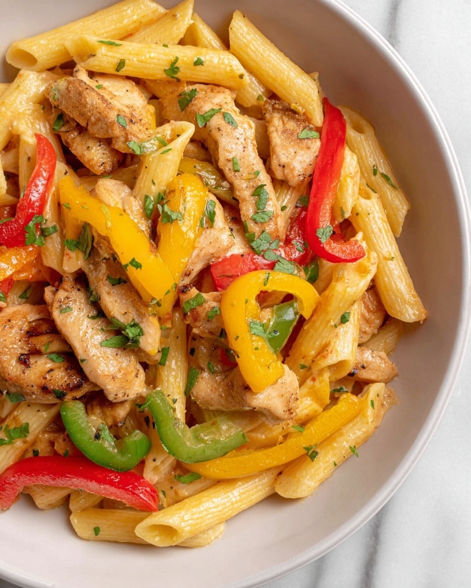 A close-up view of a white plate filled with pasta, showing three layers: the base layer is light yellow penne pasta with a smooth, slightly shiny texture; on top are pieces of light brown chicken strips that look tender and cooked; scattered throughout are thin slices of red, yellow, and green bell peppers adding bright colors and a slight crunch; the dish is garnished with small green herb leaves spread evenly on the top, all resting on a white marbled surface. photo taken with an iphone --ar 4:5 --v 7