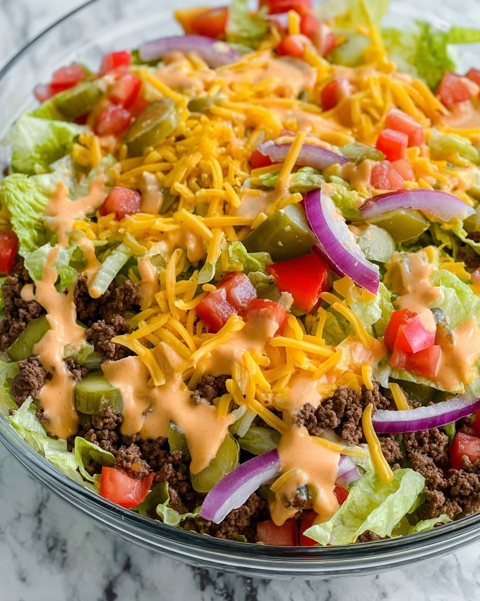 The image shows a large clear glass bowl filled with a layered salad. The salad has a base layer of light green lettuce, topped with pieces of ground meat that are brown and crumbled. On top of this are scattered pieces of diced red tomatoes, chopped green pickles, and thin slices of red onion. Bright yellow shredded cheese is spread across the top, along with a light pink creamy dressing drizzled over everything. Two dark wooden salad tongs rest inside the bowl, partially covered by the salad. To the left, there is a small white plate holding a white bowl with more pink dressing and a small wooden spoon. A white plate with two silver forks is placed to the right, all on a white marbled surface, with a black and white checkered cloth nearby. photo taken with an iphone --ar 4:5 --v 7
