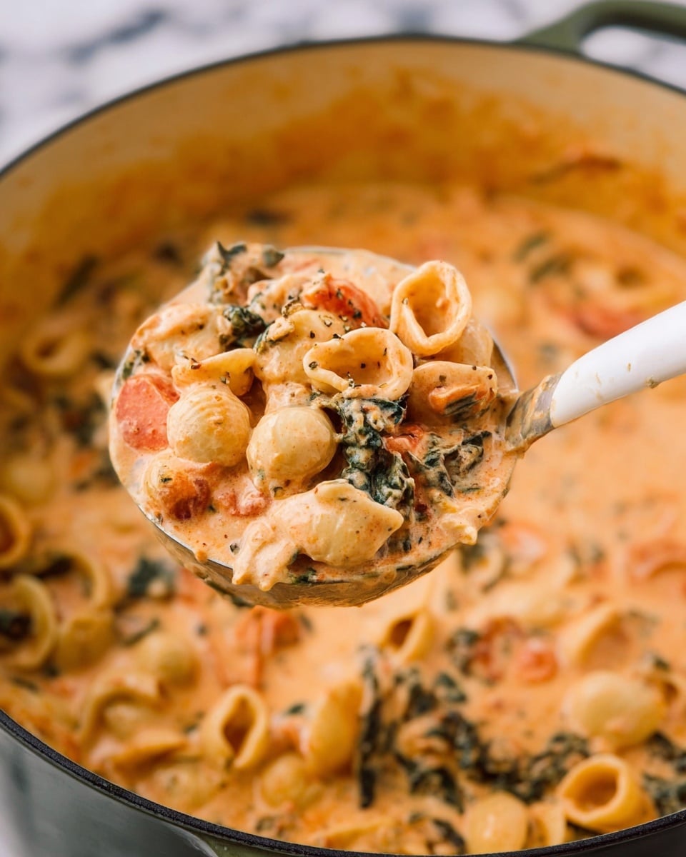 A white ladle filled with creamy pasta soup is lifted above a large pot. The soup has three visible layers: small round pasta shells in pale golden color, orange slices of carrot, and bits of dark green leafy vegetables all covered in a thick light orange cream sauce with a smooth texture. The background of the image is a large pot also filled with the same creamy soup mixed with the same ingredients. The whole scene is set on a white marbled surface photo taken with an iphone --ar 4:5 --v 7