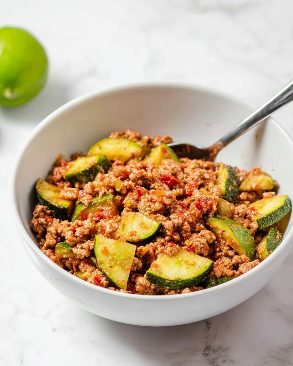 A white bowl filled with two main layers: the bottom layer is light green, sliced pieces of cooked zucchini, and the top layer is crumbled, cooked ground meat mixed with small bits of red tomato, creating a chunky and slightly moist texture. A metal spoon is placed inside the bowl on the right side, partly underwater with the food, and the bowl sits on a white marbled surface with a whole lime blurred in the background. Photo taken with an iphone --ar 4:5 --v 7