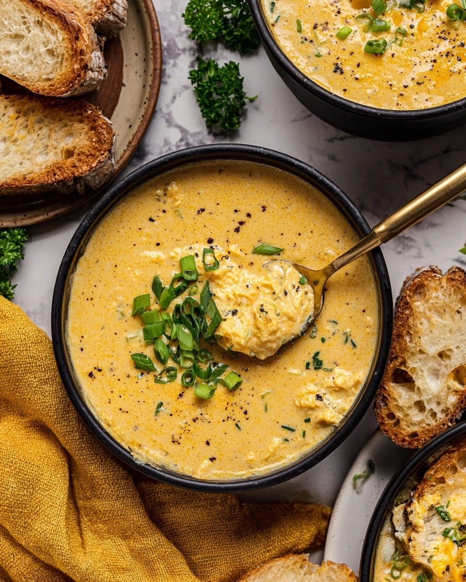 Two bowls of smooth, thick, yellow soup with black specks are shown from above, each bowl featuring a few pieces of bright green chopped scallions on top as garnish. The bowls have a ridged edge and are black, placed on a white marbled surface. To the left, there is a dark plate holding several slices of crusty bread with a light brown crust and soft interior, some pieces scattered nearby. Fresh green herb sprigs are arranged around the setup, and on the lower right, a small wooden bowl contains more chopped scallions next to a mustard-yellow cloth with a shiny gold spoon and fork resting on it. Photo taken with an iphone --ar 4:5 --v 7
