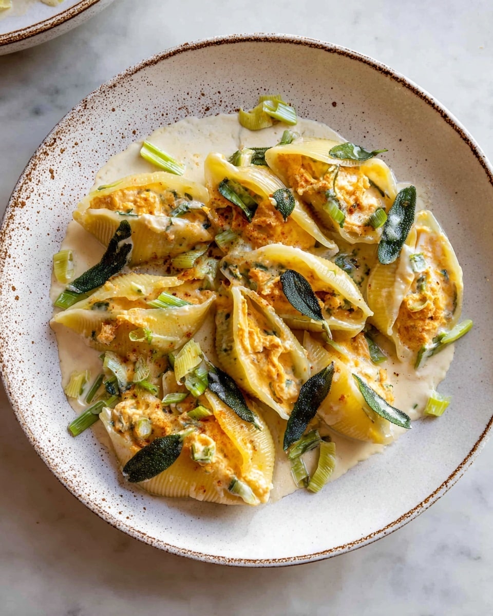 A white plate sits on a white marbled surface, filled with large yellow pasta shells. Each shell is stuffed with a creamy, orange-toned filling and arranged closely together, slightly overlapping. The pasta is covered in a pale cream sauce that pools softly at the bottom, topped with bright green fresh sage leaves and small pieces of light green chopped vegetables, likely leeks, scattered evenly over the dish. The plate has a textured rim with small brown speckles, adding subtle detail to the presentation. Photo taken with an iphone --ar 4:5 --v 7