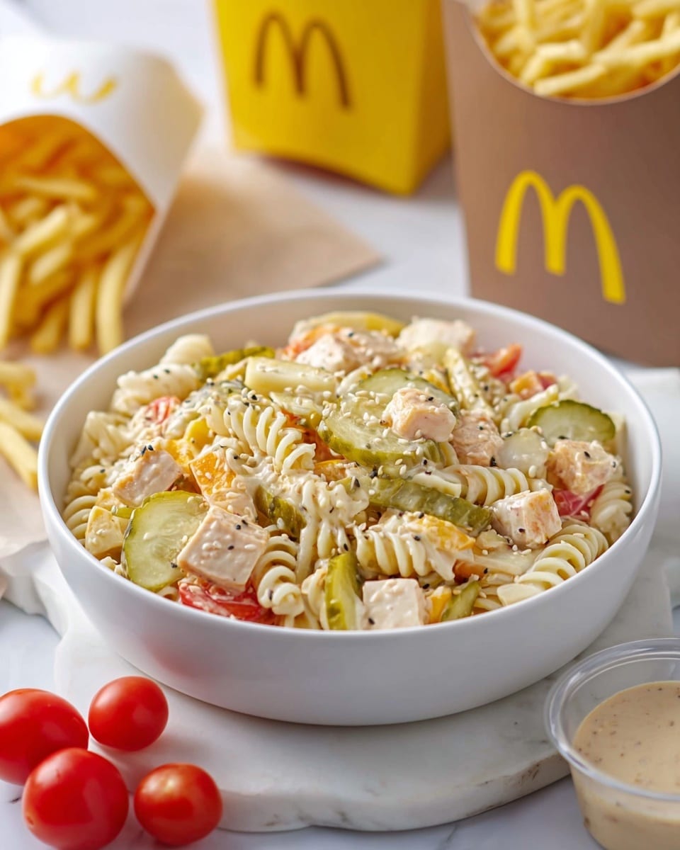 A white bowl filled with three layers of spiral pasta mixed with small pieces of orange cheese, ground meat, and cherry tomato halves, all coated in a creamy white sauce. On top, there are several round green pickle slices sprinkled with white sesame seeds. The bowl is on a white marbled surface, with a few golden French fries in the front left and a yellow cloth on the front right. In the blurry background, a burger in a white sesame seed bun with lettuce and sauce is partly visible next to a brown and yellow box with a large yellow