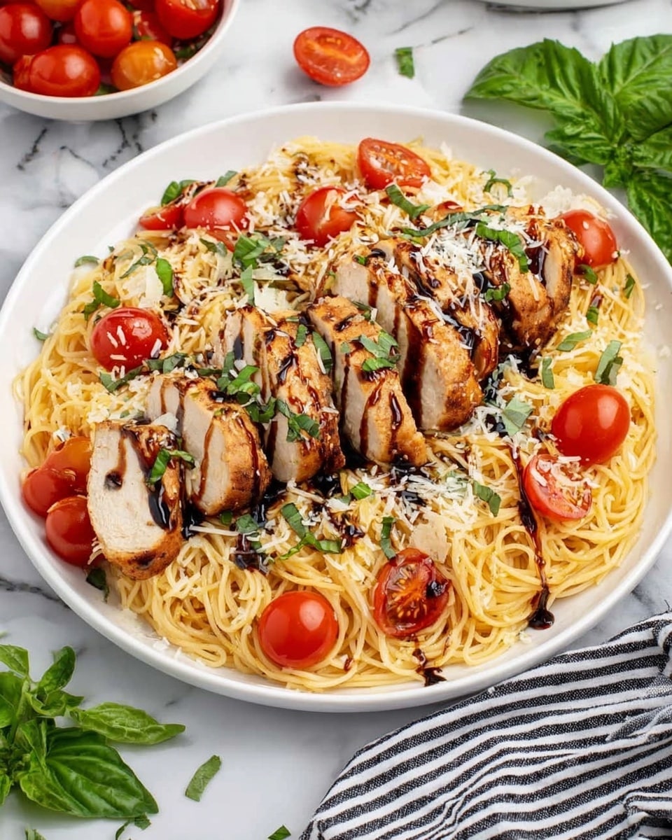 A white plate holds a bed of thin, light yellow spaghetti noodles arranged loosely in a circular shape. Scattered on top and around the noodles are bright red cherry tomato halves. On the top center lies a row of thick, sliced cooked chicken pieces with a light brown grilled surface, drizzled with a dark balsamic glaze. Green basil leaves and white grated parmesan cheese pieces are sprinkled over the chicken and noodles. The plate sits on a white marbled surface with some basil leaves placed nearby, and a black and white striped cloth is visible to the side. Photo taken with an iphone --ar 4:5 --v 7