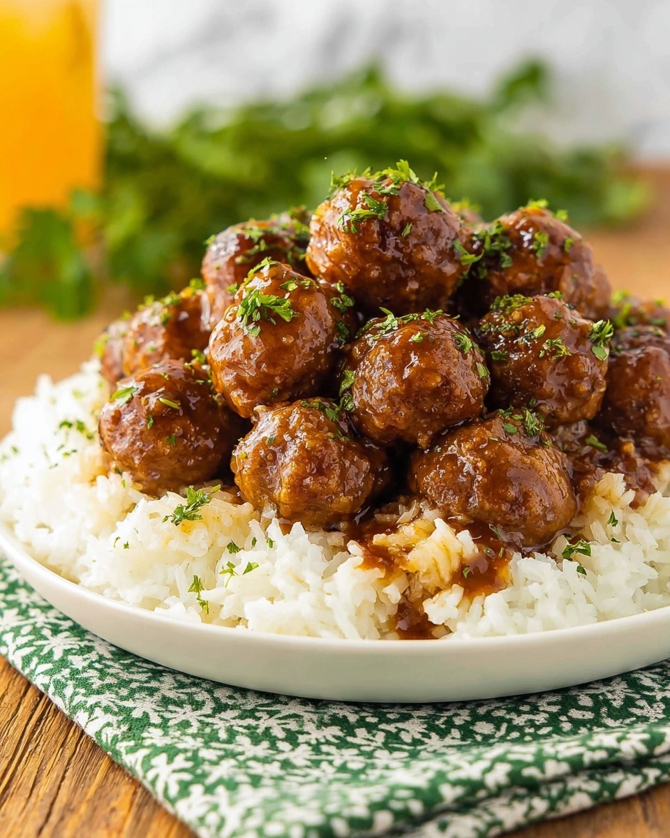 A white plate filled with a thick layer of fluffy white rice at the bottom, topped with a pile of small, round meatballs covered in a shiny brown sauce that looks sticky and flavorful. The meatballs have a slightly crispy texture with some darker browned spots, sprinkled with finely chopped green herbs for color contrast. The plate sits on a green and white patterned cloth on a wooden table, with a blurred white marbled background and some green plant leaves to the side. Photo taken with an iphone --ar 4:5 --v 7