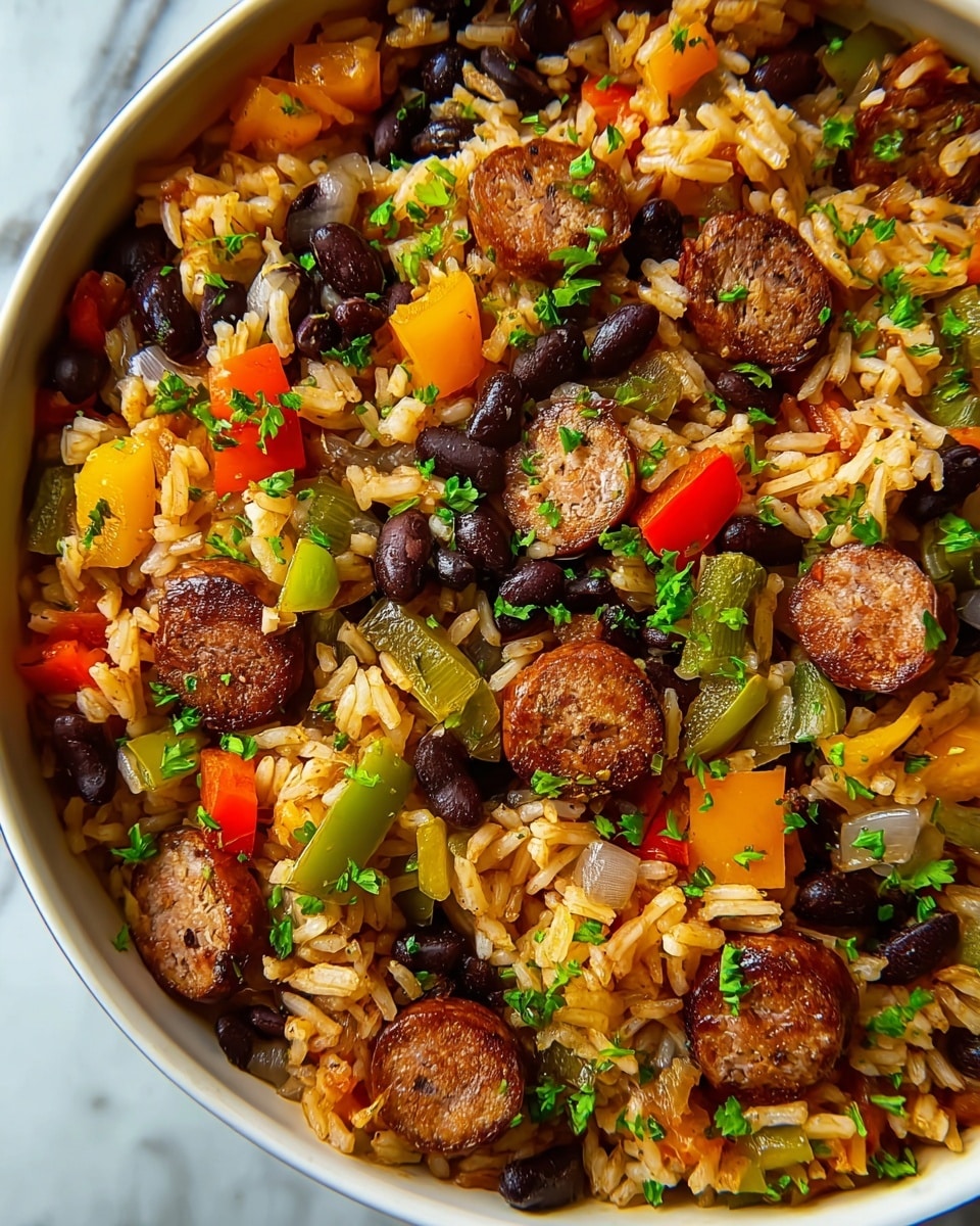 The image shows a close-up of a cooked dish served in a white bowl, featuring several layers and ingredients mixed together. The base layer consists of cooked yellow rice, soft in texture with a hint of moisture. Scattered across the rice are black beans, adding dark, shiny spots throughout. There are sliced pieces of browned sausage, round and roughly meat-textured, evenly distributed on top. Colorful pieces of green and red bell peppers are interspersed, slightly softened but still holding shape. Small green herb leaves, likely parsley, are scattered on top, giving a fresh green accent. The background surface is a white marbled texture, and the photo is sharp with natural lighting. Photo taken with an iphone --ar 4:5 --v 7