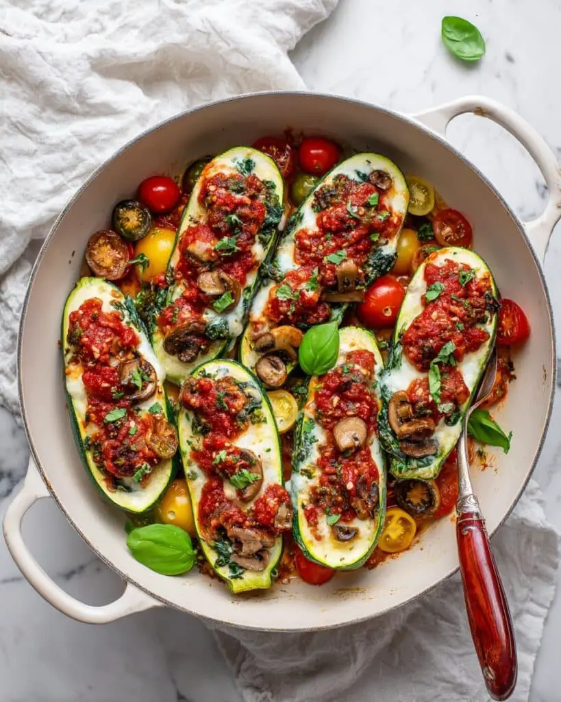 Stuffed Zucchini Boats with Mushrooms, Spinach, and Ricotta Recipe