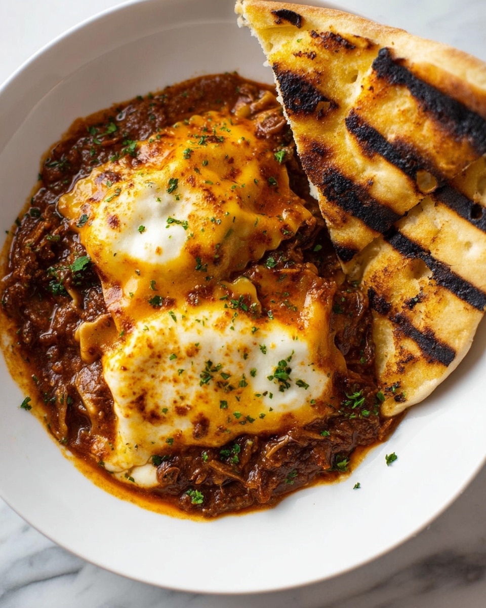 The dish shows two pieces of cheese-filled pasta with a browned top layer, each piece having a melted, golden-orange color with some white cheese spots in the middle, sitting on a thick, chunky brown sauce filled with shredded meat and small onion pieces. There are two pieces of flat, grilled bread with dark grill marks placed on the right side of the plate. Small green herb bits are sprinkled over the dish for garnish. The plate is white, and the background is a white marbled surface. Photo taken with an iphone --ar 4:5 --v 7