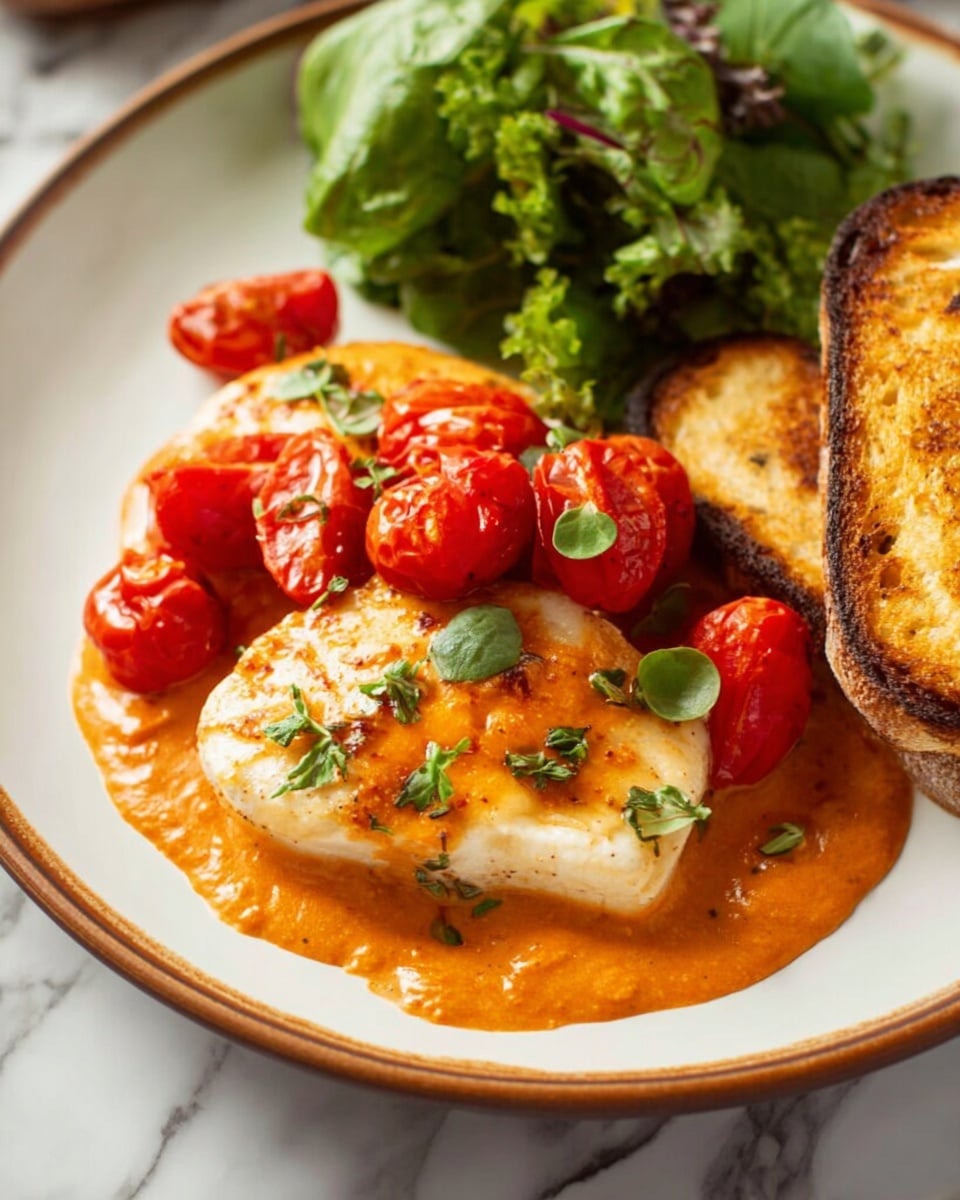 The dish shows two cooked white pieces of meat placed on a white plate with a brown rim. They are covered by a thick orange sauce and topped with shiny red cherry tomato halves and small green herb leaves. On the right side, there are two golden brown toasted bread slices with a crispy texture. In the top back part of the plate, there is a pile of fresh green leafy vegetables. The plate is set on a white marbled surface. Photo taken with an iphone --ar 4:5 --v 7