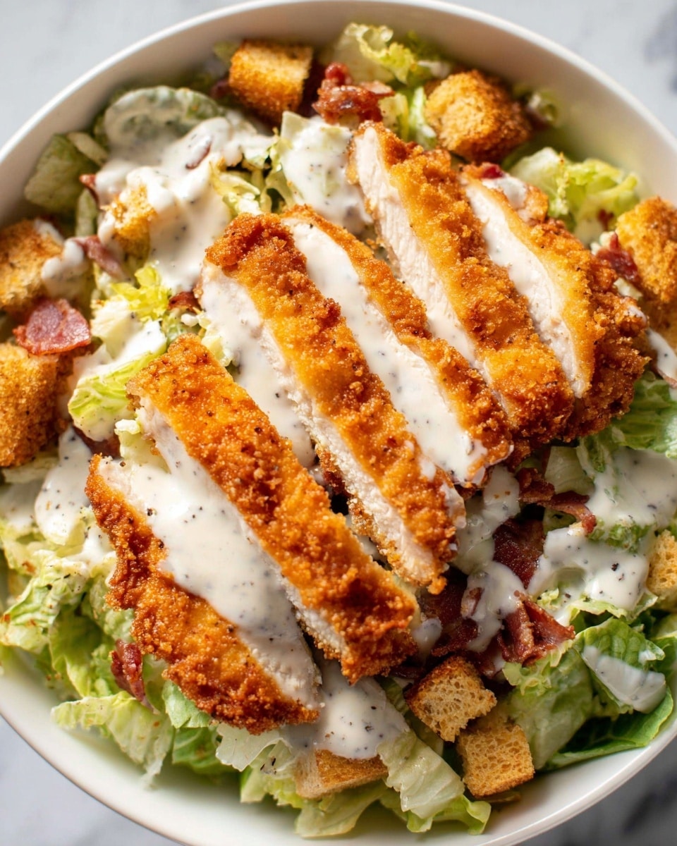 A white bowl filled with a layered salad starting with a base of bright green lettuce leaves mixed with small brown croutons and bits of bacon. On top, there are five thick, golden brown fried chicken strips lined up side by side, each showing white tender meat inside. A creamy white dressing with specks of pepper is drizzled over the chicken and some parts of the salad. The bowl sits on a white marbled surface. photo taken with an iphone --ar 4:5 --v 7