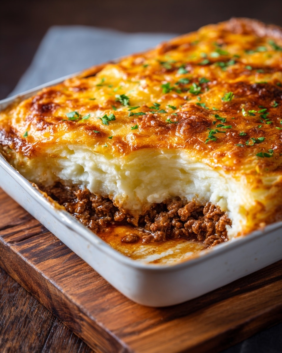 The image shows a white rectangular baking dish filled with a baked dish made of layers. The top layer is golden brown and slightly crispy with melted cheese. Below the top, there are visible layers of cooked ground meat with a rich brown sauce, and mashed potatoes which are creamy and light in color. One corner of the dish is scooped out with a spoon, revealing the brown sauce and meat underneath the topping. The dish sits on a wooden board with a brown cloth and a small sign that says