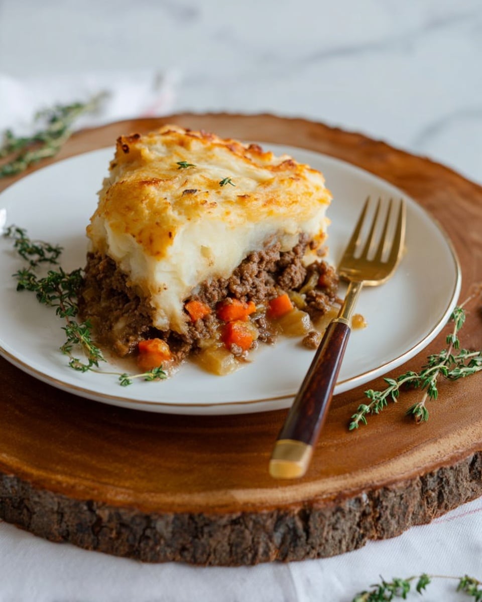 A white plate holds a layered dish with two main layers visible: the bottom layer is a mix of brown cooked ground meat with small pieces of orange carrots and light-colored diced vegetables, the top layer is creamy mashed potatoes with a golden brown baked crust that appears slightly crispy and textured. The plate sits on a thick wooden round board with bark around the edges, on a white marbled surface. Next to the plate, a gold fork with a dark handle is placed, and some fresh green sprigs of thyme lay nearby. photo taken with an iphone --ar 4:5 --v 7