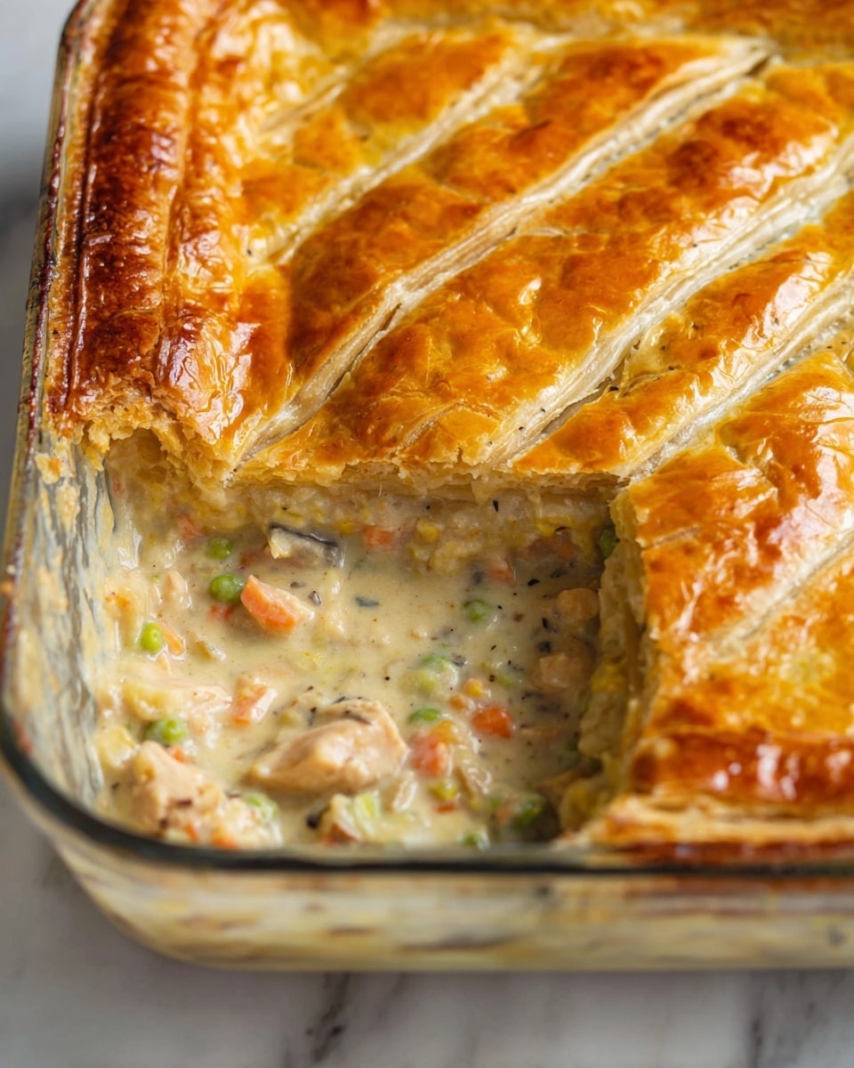 The image shows a glass baking dish filled with a creamy chicken pot pie with two main visible layers. The top layer is a golden-brown baked crust with a shiny, slightly textured surface, marked by a diagonal pattern and a section cut out from the corner. The inside layer reveals a thick, creamy sauce mixed with small chunks of chicken, diced carrots, and peas, giving it a light beige color with orange and green specks. The dish rests on a white marbled surface. photo taken with an iphone --ar 4:5 --v 7