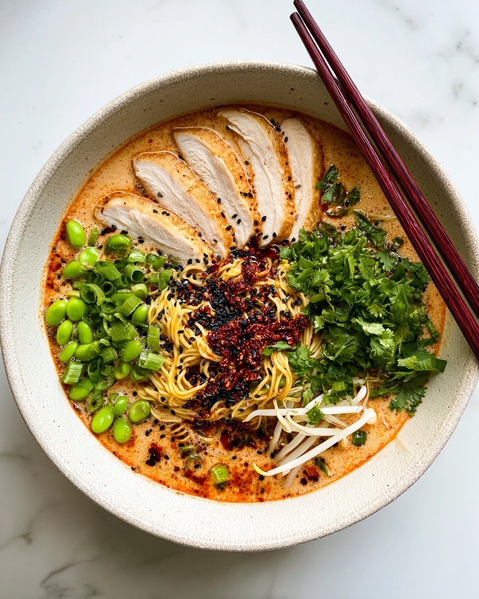 A bowl of ramen with five slices of light brown chicken arranged in a fan shape on the top left. In the middle, there is a pile of thin yellow noodles covered with dark red chili oil and black sesame seeds. On the top right, bright green chopped cilantro leaves create a fresh layer, while white bean sprouts fill the middle right section. At the bottom, bright green edamame beans sit next to chopped green onions on the left side. The ramen broth is a creamy orange color, filling the base of the bowl which is white with a slight texture. Dark red chopsticks rest on the top right edge. The dish is placed on a white marbled surface. Photo taken with an iphone --ar 4:5 --v 7
