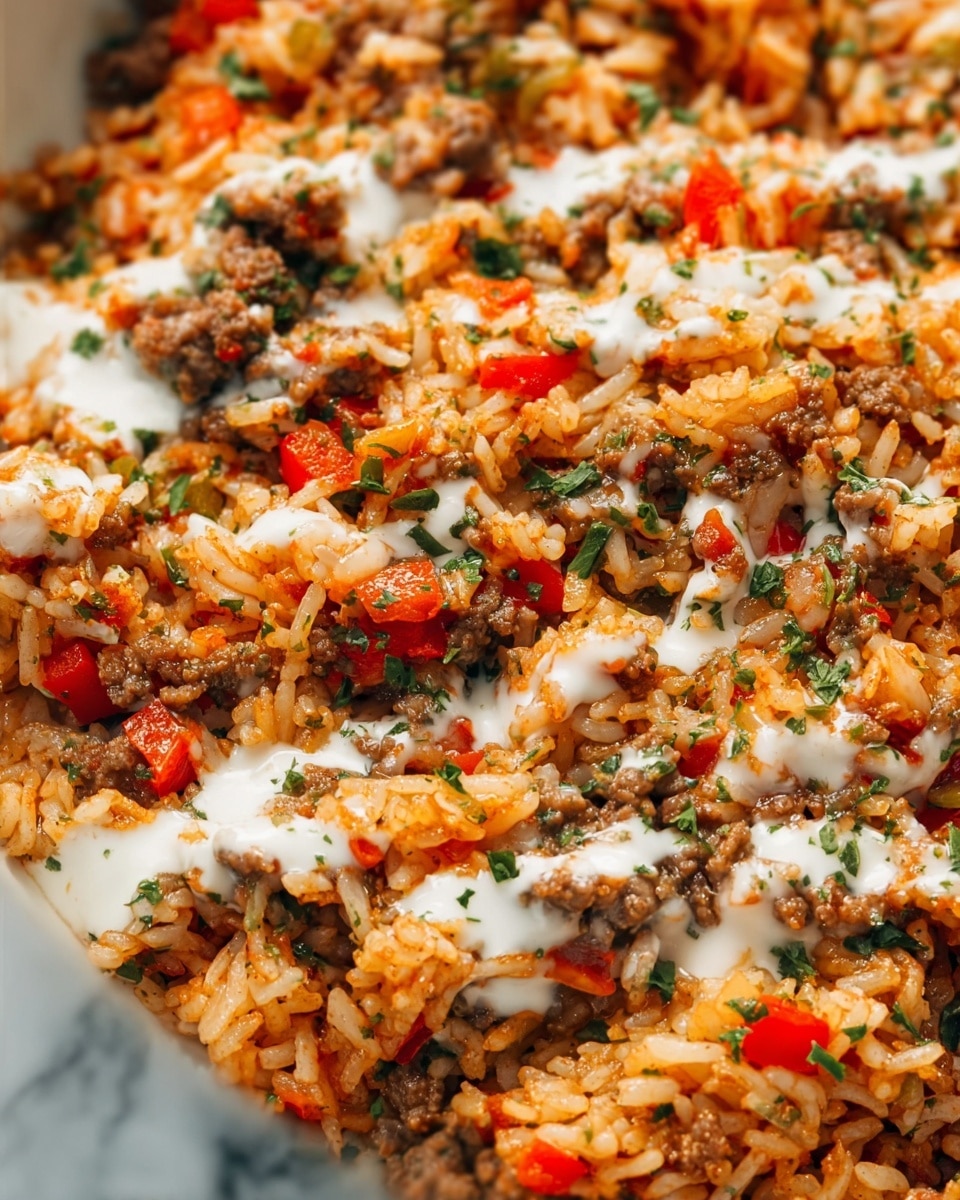 This image shows a close-up view of a layered rice dish mixed with small pieces of cooked ground meat and chopped red and green bell peppers. The rice is orange-brown, cooked and well mixed, with some white creamy sauce drizzled unevenly on top, adding a smooth texture contrast. Small green herb bits are sprinkled across the surface, softly decorating the dish. The whole view has a warm, hearty feel with different textures from soft rice, tender meat, crunchy peppers, and creamy sauce visible throughout. The background shows a white marbled texture. photo taken with an iphone --ar 4:5 --v 7
