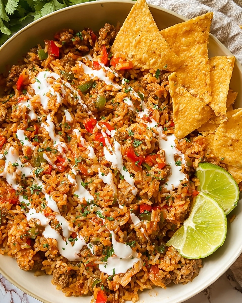 A close-up top view of a white bowl filled with mixed rice and meat cooked with chopped red and green bell peppers, onions, and herbs, creating a textured, colorful dish in shades of orange, red, and brown. The dish is topped with drizzles of white sauce unevenly spread across the rice and garnished with two bright green lime wedges placed on the right side. Three triangular tortilla chips are placed along the top edge of the bowl. The bowl sits on a white marbled surface with hints of a white cloth and green leaves in the background photo taken with an iphone --ar 4:5 --v 7