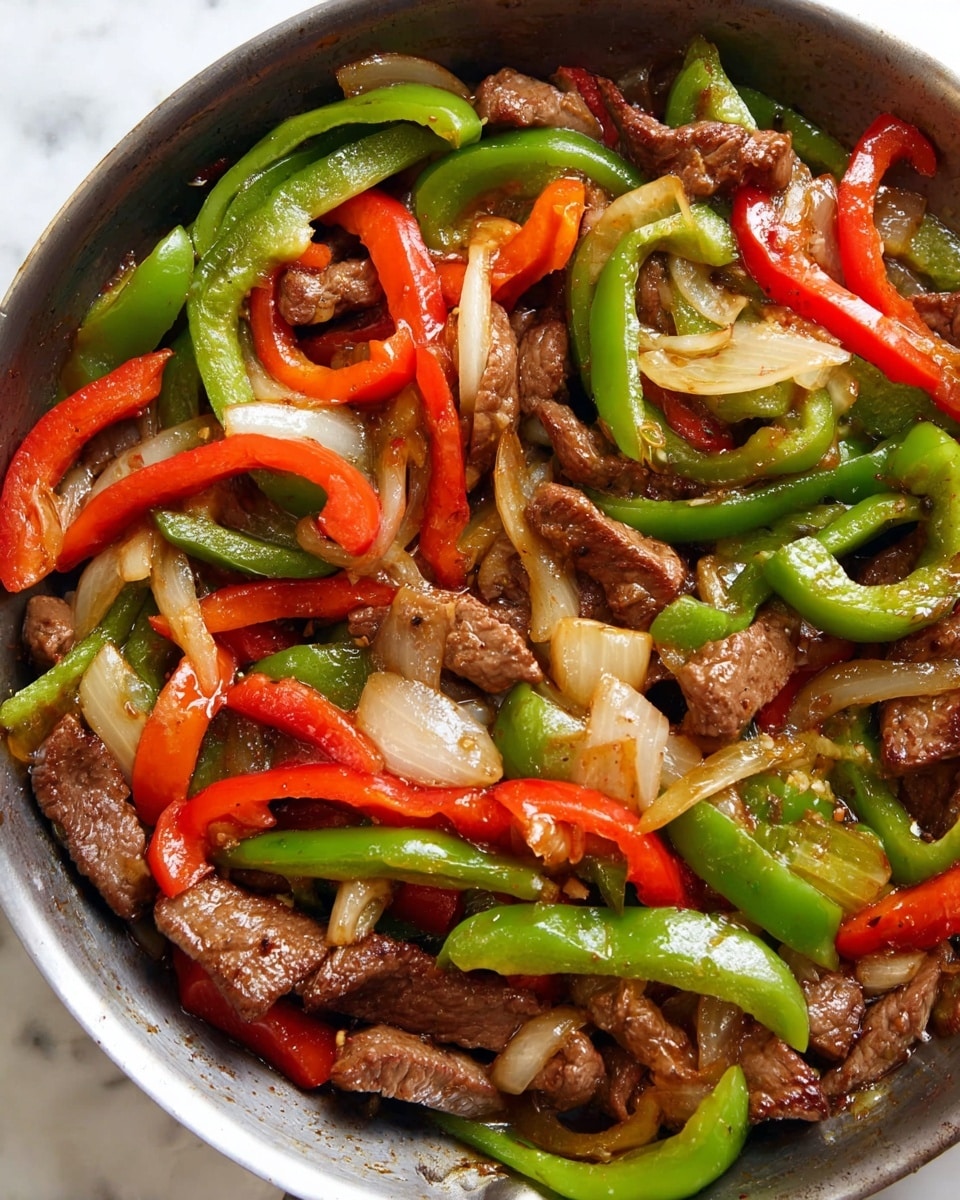 This image shows a close view of a skillet full of cooked stir-fry. There are three main layers visible: the bottom layer consists of small brown pieces of cooked meat with a juicy texture; the middle layer has sliced bright green and red bell peppers, long and curved with a shiny surface; and the top layer features sliced white onions, slightly soft and translucent, mixed throughout. The dish is glossy with a light sauce coating the ingredients, and the skillet is placed on a white marbled surface. photo taken with an iphone --ar 4:5 --v 7